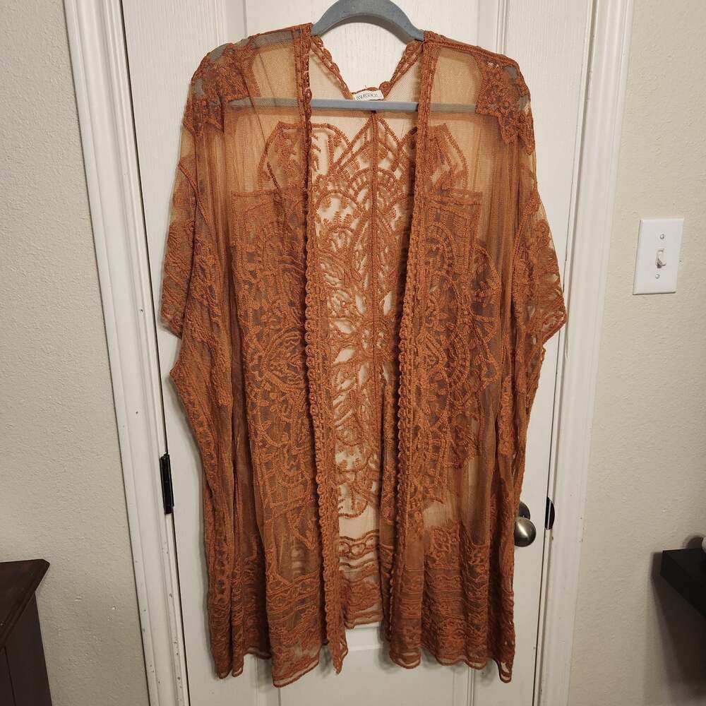 Rust Orange Sheer Lace Crochet Open Front Kimono Cardigan Cover-Up